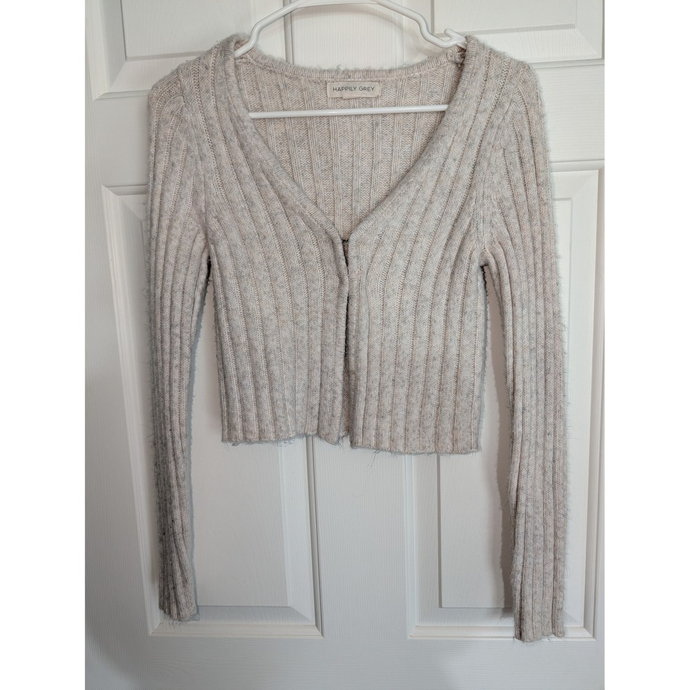 Happily Grey Ribbed Knit Cropped Cardigan Sweater Oatmeal V-Neck Small Y2K 90s